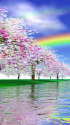 岸辺の並木と虹